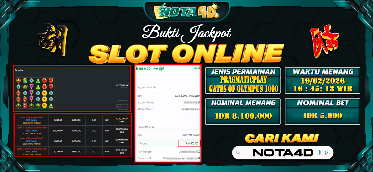 Bukti Kemenangan Besar Dibayar lunas Member NOTA4D RP 8.100.000, 19 Februari 2026