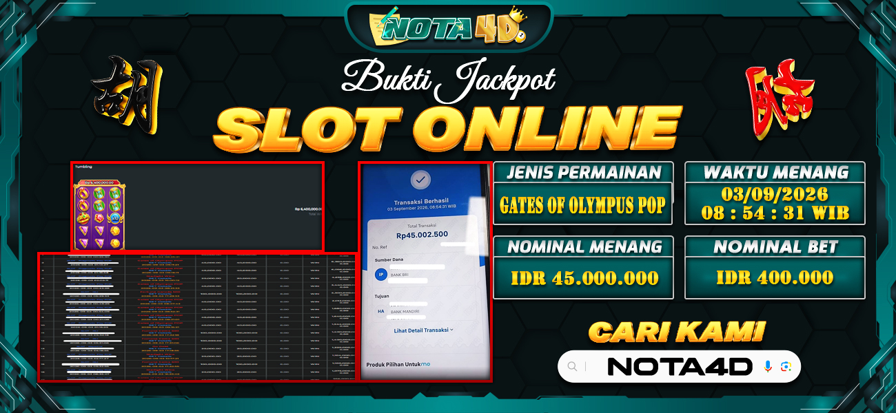 Bukti Kemenangan Besar Dibayar lunas Member NOTA4D RP 45.000.000, 3 September 2026
