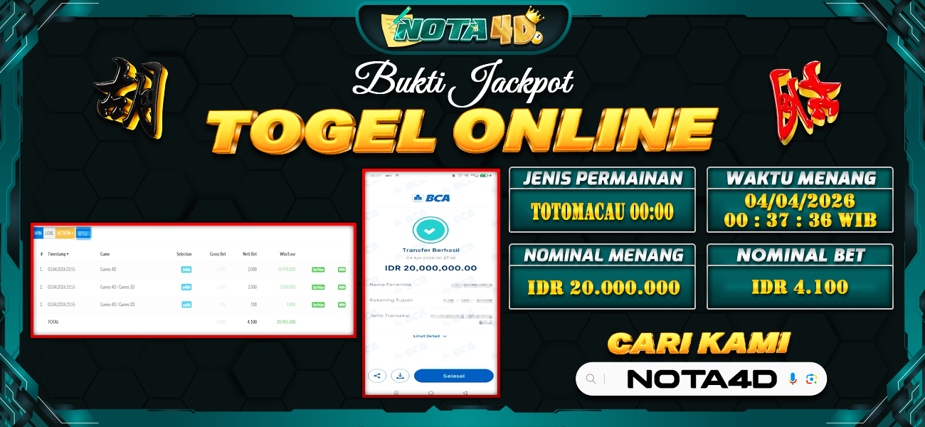Bukti Kemenangan Besar Dibayar lunas Member NOTA4D RP 20.000.000, 4 April 2026