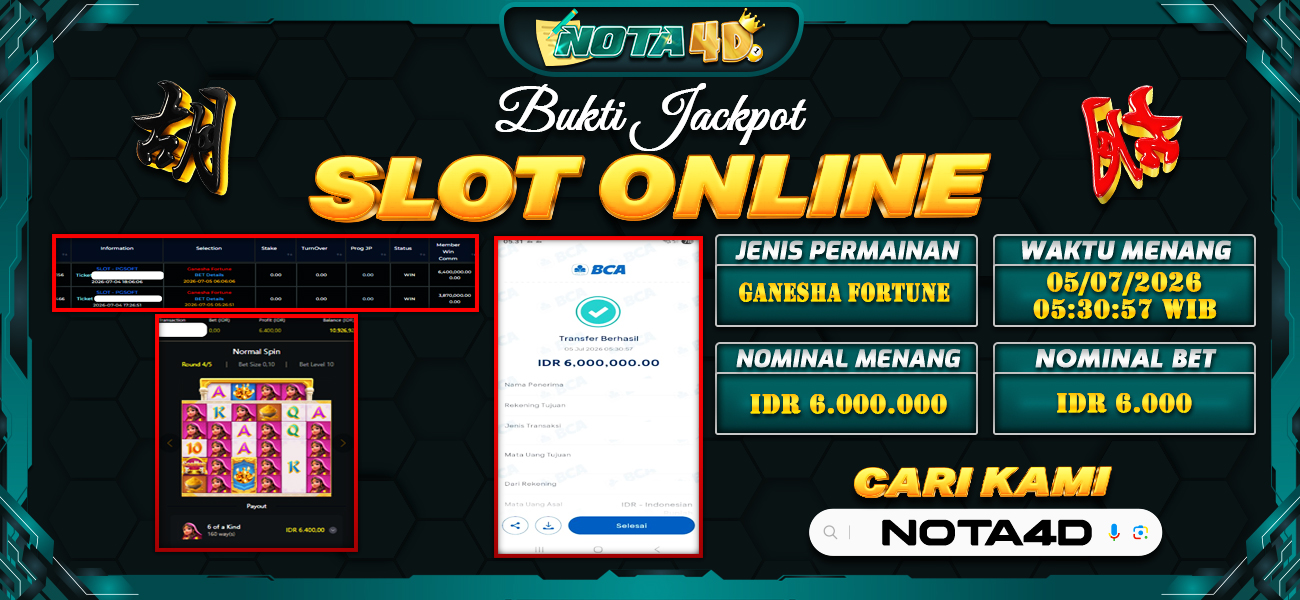 Bukti Kemenangan Besar Dibayar lunas Member NOTA4D RP 6.000.000, 5 Juli 2026