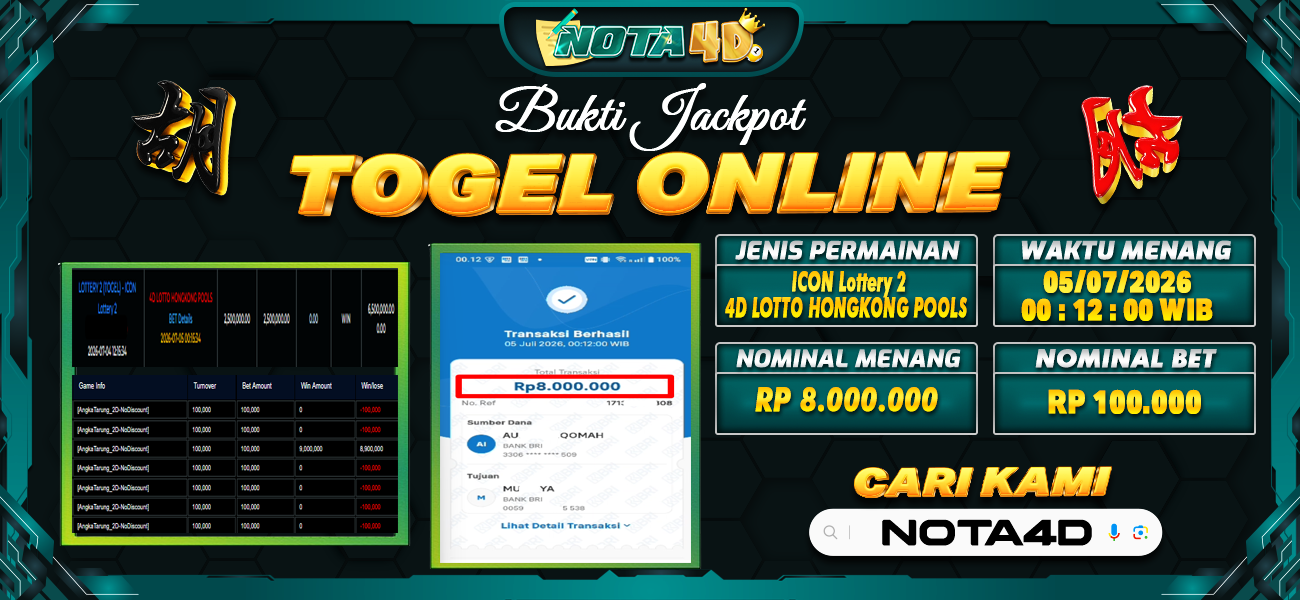 Bukti Kemenangan Besar Dibayar lunas Member NOTA4D RP 8.000.000, 5 Juli 2026